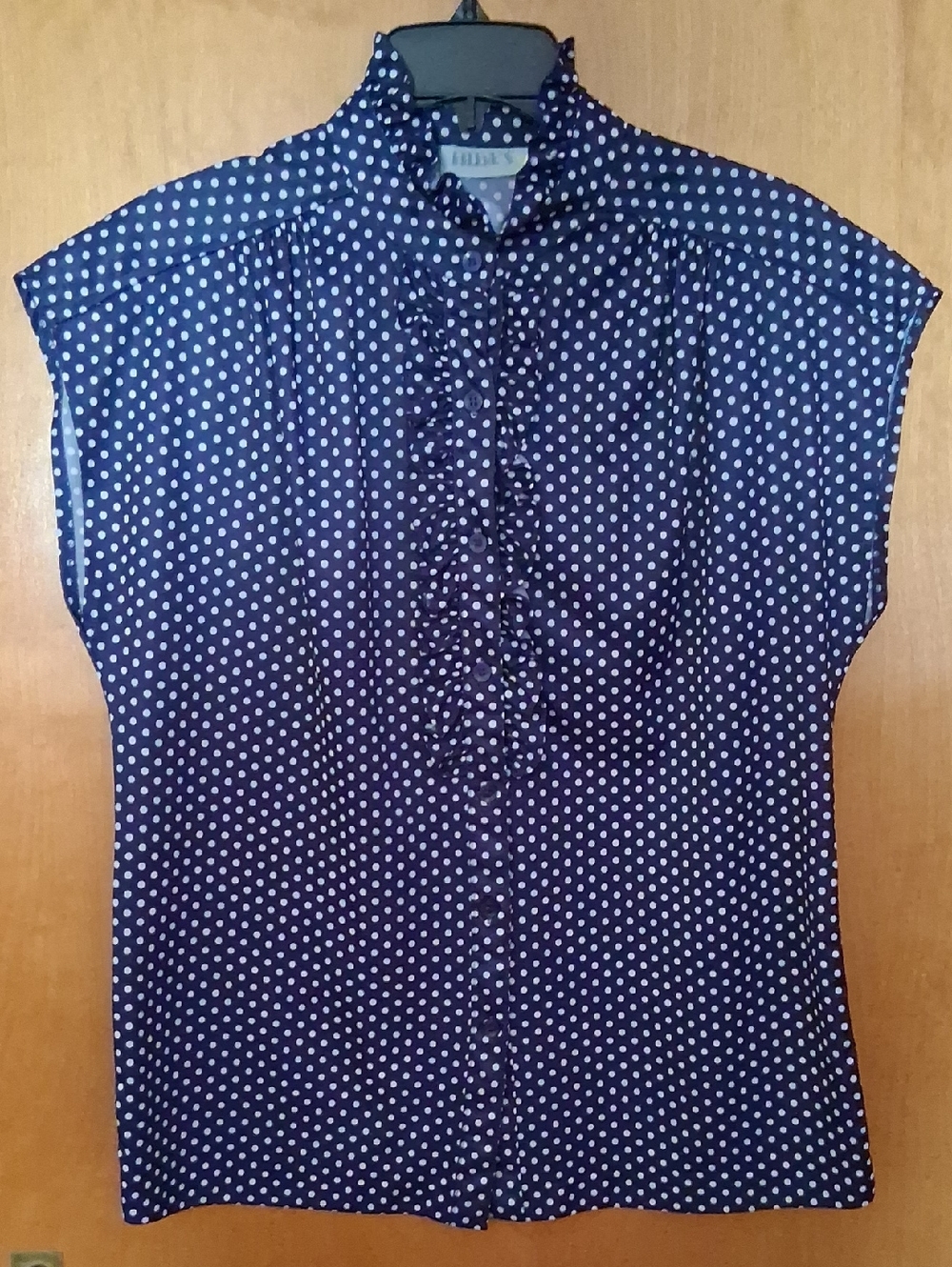 Vintage Navy & White Polka Dot Ruffle Front Cap Sleeve Blouse Size 14